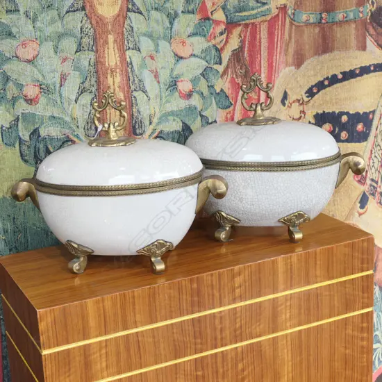 CRACKLE GLAZED BRASS & CERAMIC TURRENS