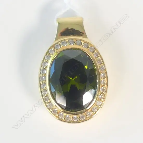 NATURAL TOUMALINE PENTANT AND CZ GOLD PLATED ON SILVER