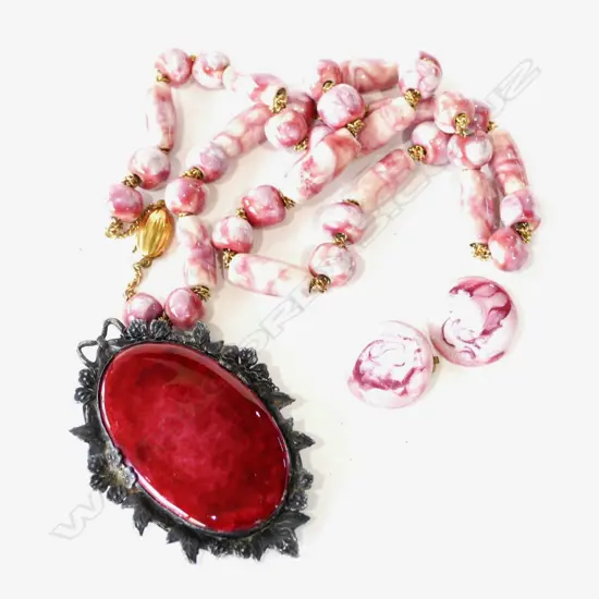 SILVER/GILT PORCELAIN NECKLACE & EARRINGS; AND SIL? PINK ENAMEL BROOCH