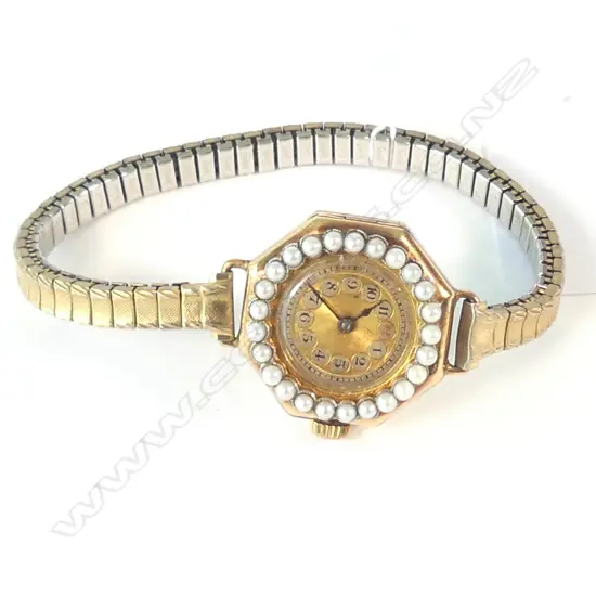 15CT ROSE G. LDS VINTAGE ROLEX DRESS WATCH w. SEED PEARLS AROUND DIAL