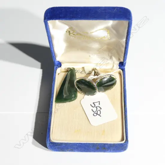 SIL GREENSTONE CUFF LINKS; & GREENSTONE PENDENT