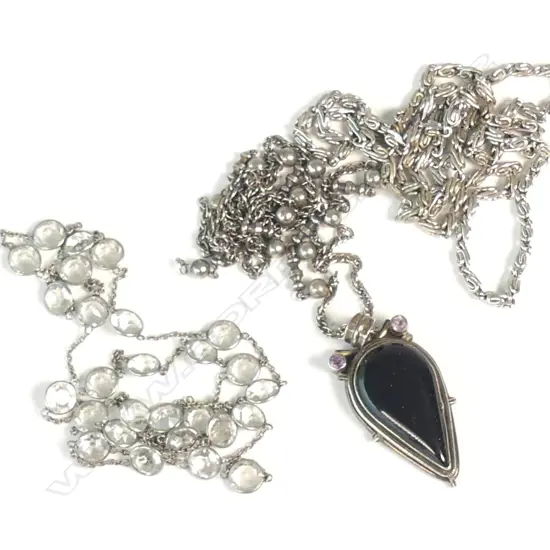 SILVER ONYX PENDENT, ON CHAIN, CRYSTAL NECKLACE, PLUS OTHER