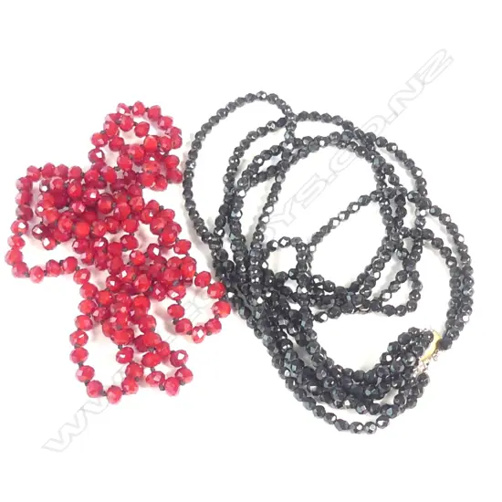 TRIPLE STRAND JET NECKLACE; RED GLASS FACETED BEADS