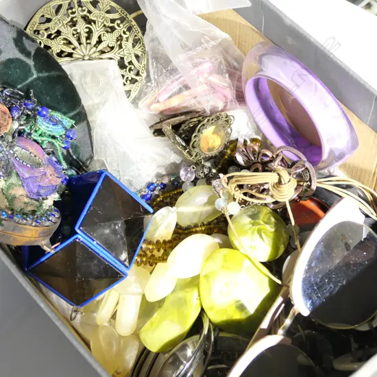 BOX LOT ASST. COSTUME JEWELLERY, BAG, GLASSES ETC