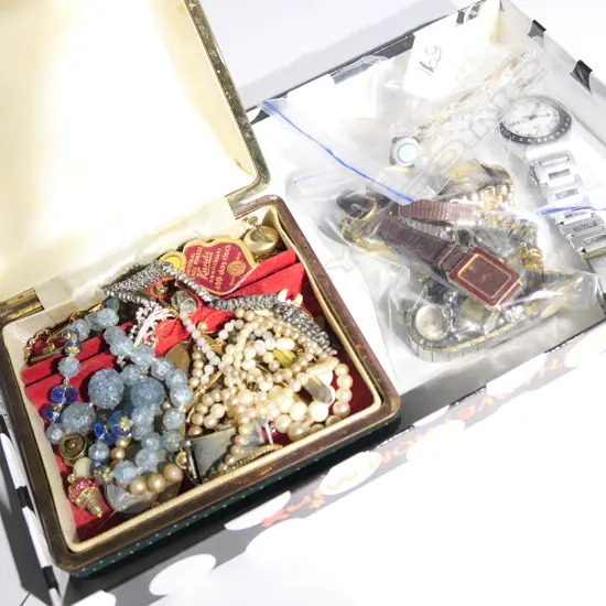 BOX LOT ASST. JEWELLERY INCL; WATCH, NECKLACES ETC