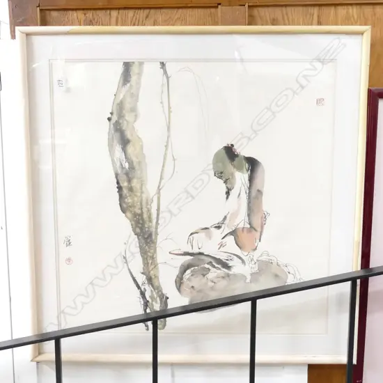 CHINESE FRAMED INK DRAWING OF A MUSICIAN 840 X 830 MM