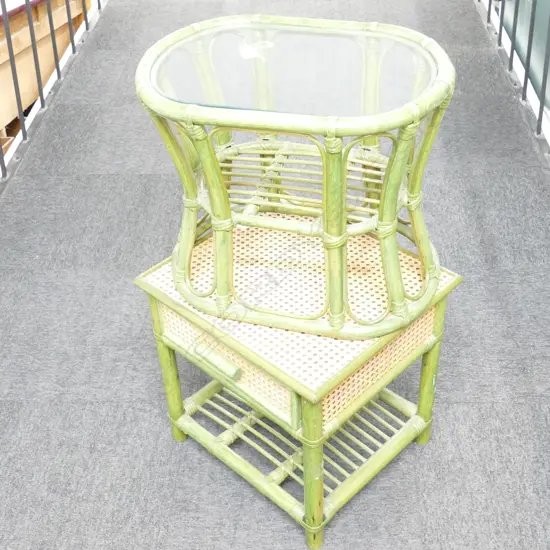 TWO GREEN CANE TABLES