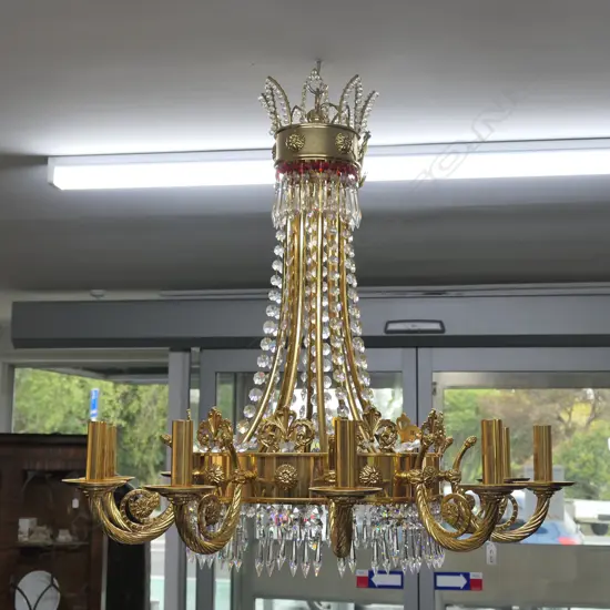 LARGE GILT METAL 10 BRANCH CHANDELIER DIA. 840
