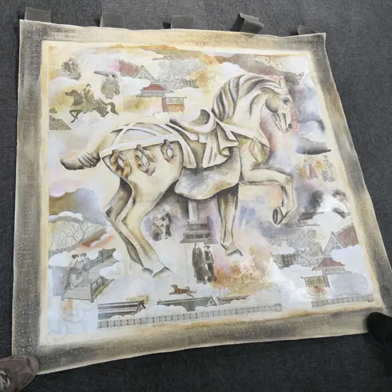 LARGE MIXED MEDIA HORSE PAINTING W/ JAPANESE FIGURES ON CANVAS 1405 X 1425MM