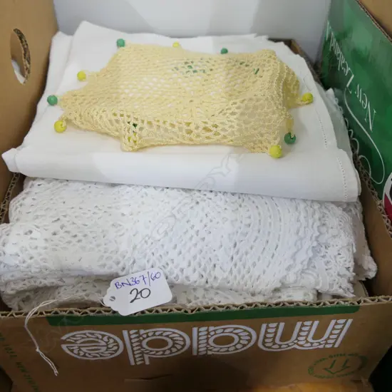 BOX OF DOILIES, TABLECLOTHS