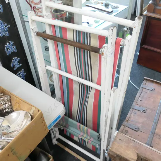 2 OLD FOLDING SUN LOUNGERS STRIPED CANVAS