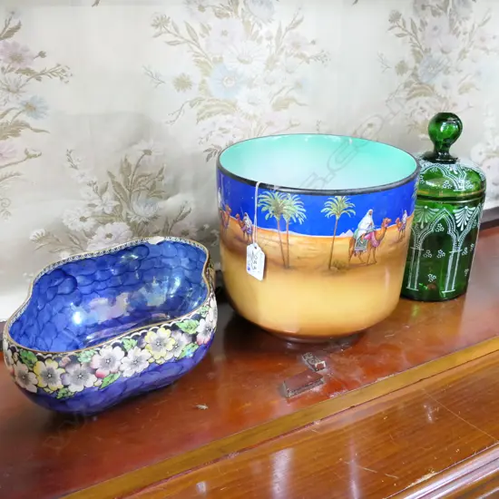 TUNKSTALL JARDINEER, MAILING BOWL & GREEN GLASS PAINTED LIDDED CANISTER