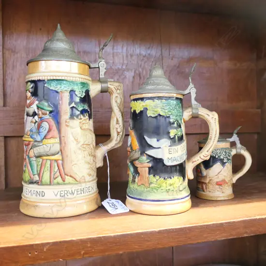 3 GERMAN BEER MUGS LARGEST 220MM H