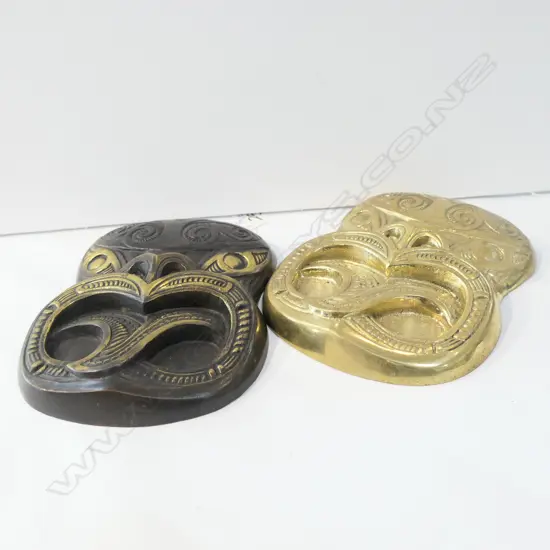 TWO BRONZE TIKI FACES 160MM H