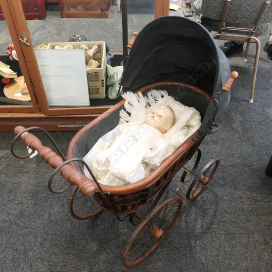 DOLLS PRAM AND VINTAGE DOLL, LACE ETC 700MM L