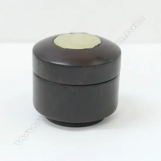 CHINESE ROSEWOOD SMALL LIDDED POT JADE INSET PANEL...