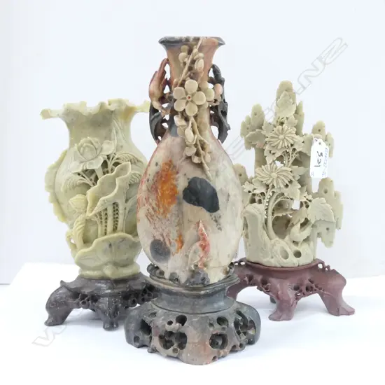 3 CHINESE CARVED SOAPSTONE VASES/SCULPTURES