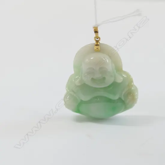 WHITE JADE BUDDHA PENDANT VIBRANT GREEN INCLUSIONS