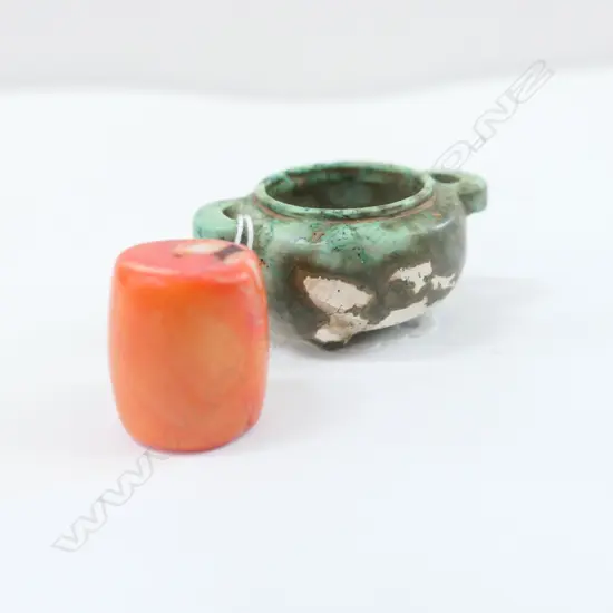 SMALL CARVED STONE FURNACE POT & ORANGE CORAL BEAD