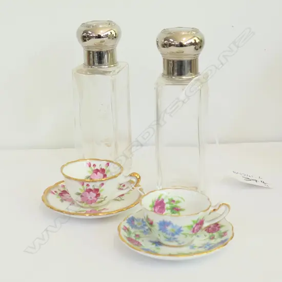 PAIR MINIATURE CUPS/SAUCERS & PAIR CRYSTAL SILVERPLATE SCENT BOTTLES
