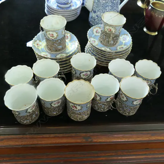 12 CRESCNT CHINA DEMI-TASSE CUPS WITH STG SILVER PIERCED SURROUNDS