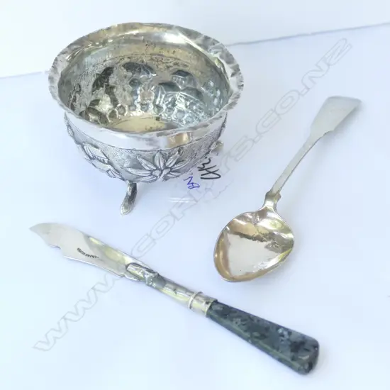 SILVER PROVINCIAL CHINESE FOOTED BOWL, STG SILVER LETTER KNIFE AND SPOON