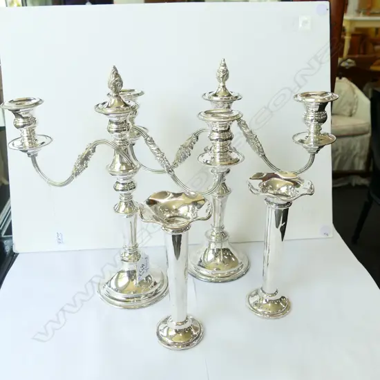 2 EP 3 BRANCH CANDELABRA + 2 SPILL VASES 