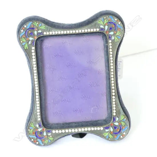 RUSSIAN SILVER (84 zolotnik Moscow) CLOISONNE ENAMEL PHOTO FRAME, VELVET STRUT BACK