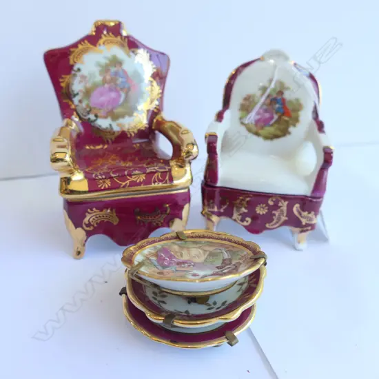 LIMOGES 2 CHAIR TRINKET BOXES + 3 PLATES