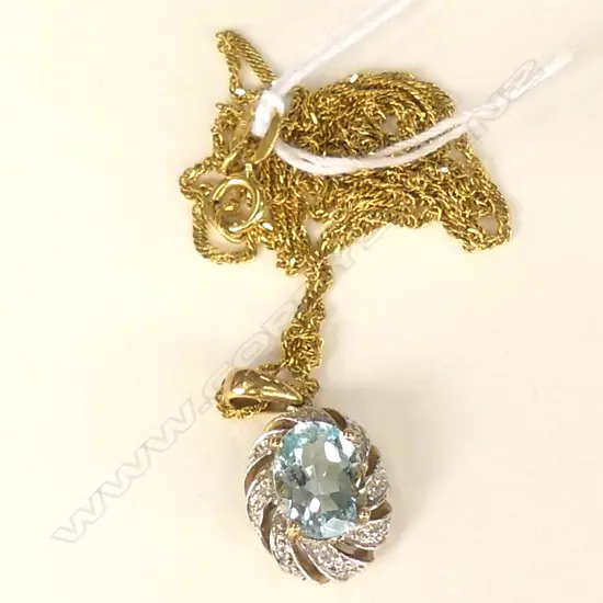 9CT YELLOW GOLD AQUA/DIAMOND PENDANT/CHAIN, 2.5GMS