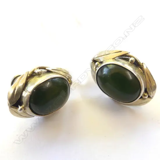 PR OF SILVER & GREENSTONE(?) SCREW ON EARRINGS, STAMPED