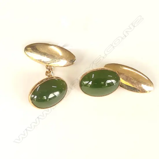 9CT GOLD GREENSTONE CUFF LINKS, 5.4 GM TOTAL