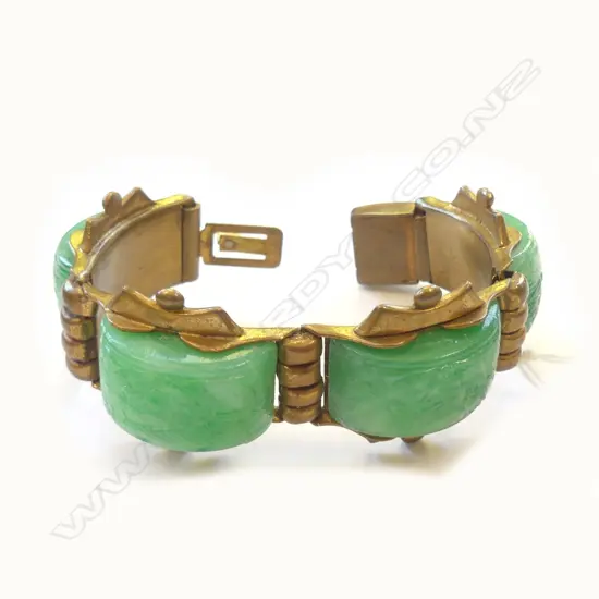 HEAVY BRASS AND ENGRAVED FAUX JADE PANEL BRACELET