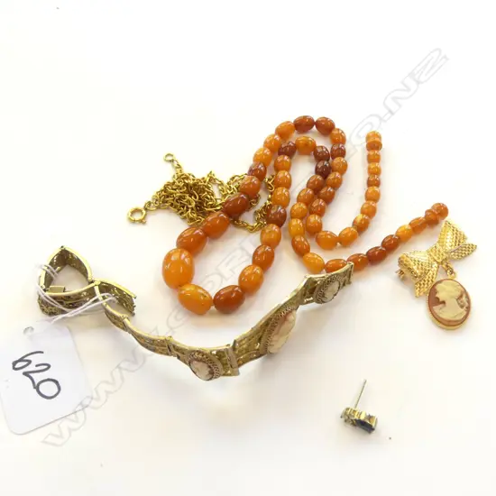 SM BAG; FILIGREE CAMEO BRACELET & RIBBON BROOCH,  ORANGE BEADS ETC