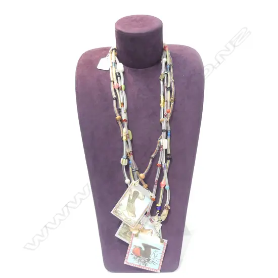 FOUR EXPERIMENTAL PLASTIC/CARD/PAPERBEAD NECKLACES WITH ADDITIONAL CARDS
