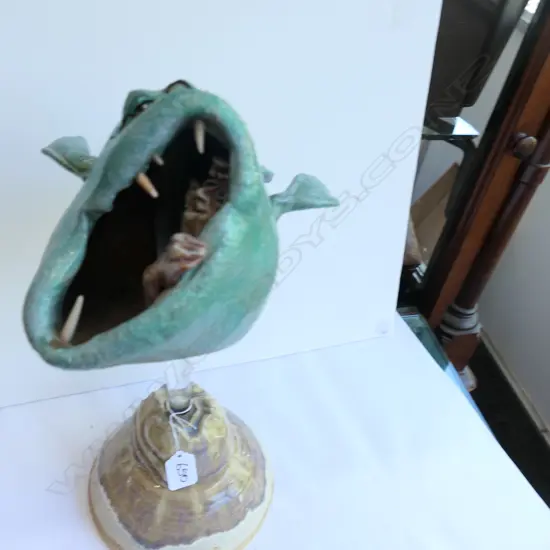 CERAMIC GREEN FISH ORNAMENT ON STAND