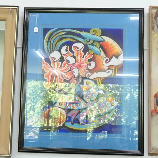 ANNA PALMER, "FISH AND LILIES" STILL LIFE, OIL STICK ON PAPER, SIGNED & DATED 92. 640 x 490mm.