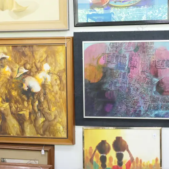 ACRYLIC ON CANVAS BY PAULA PERRINE SIGNED SARMIENT Q 77(?) +UNSIGNED MIXED MEDIA 750 X 750 MM