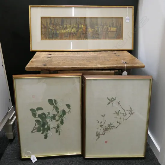 INK & WATER COLOUR WITH GILT -THAI TEMPLES 140 X 53MM + 2  CHINESE FLOWER PRINTS