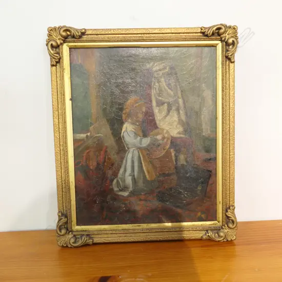 VICT. OIL ON CARD, CHILD IN THE ARTIST'S STUDIO