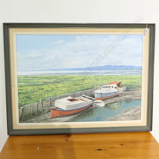 ALAN STOKES, OIL ON BOARD, BOATS AT KAIAUA