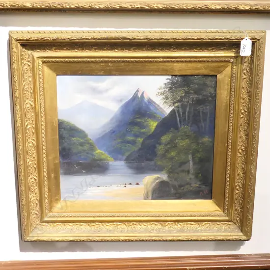 MOUNTAINS & LAKE, OIL ON BOARD, SIGNED A.B.