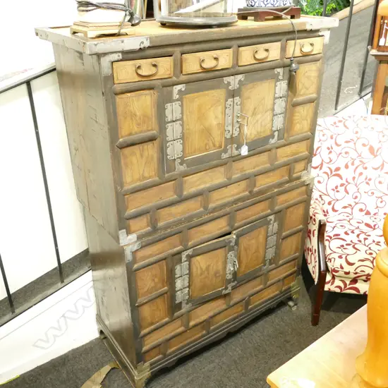 OLD ORIENTAL 2 SECTION CHEST ELM WHITE METAL FITTINGS