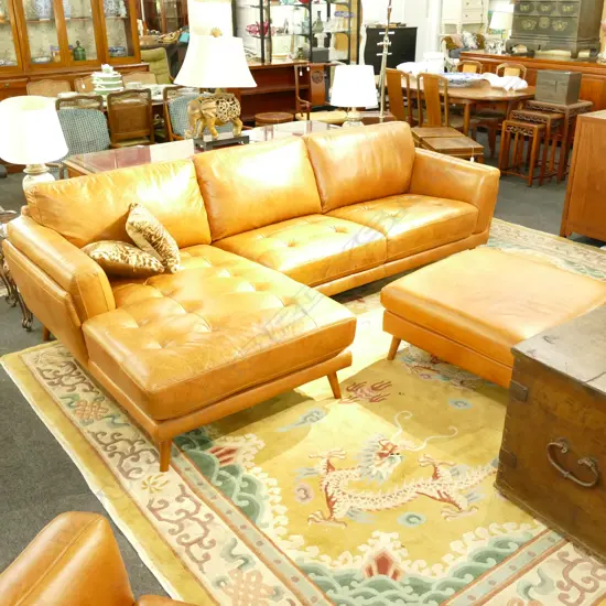 TAN LEATHER SOFA ARMCHAIR AND OTTOMAN