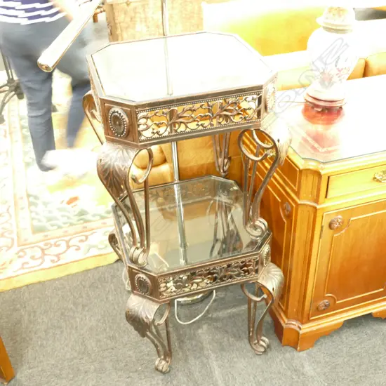 2 GLASS TOP ANTIQUE STYLE COPPER LOOK TABLES 450 X 450 MM