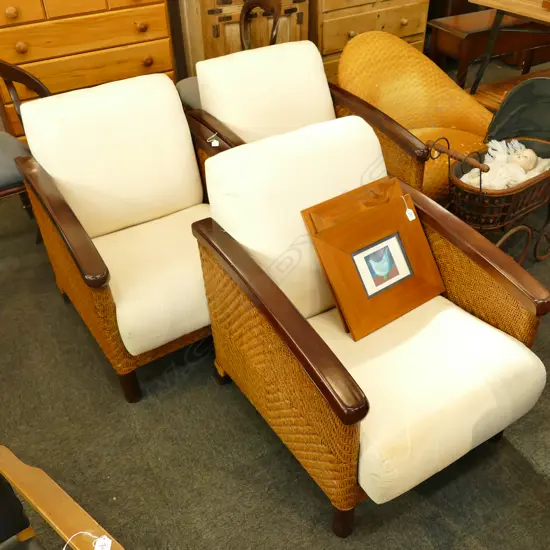 3 RATTAN CANE, MAHOGANY FRAMED BERGERE CHAIRS w LINEN UPHOLSTRY