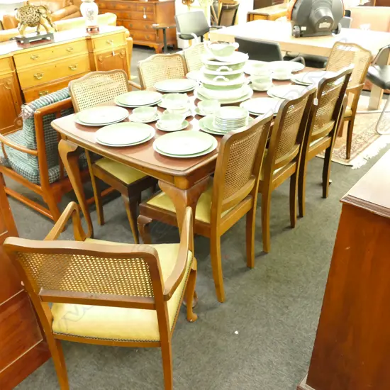 QUEEN ANNE DINING TABLE WITH FORMICA TOP AND 8 DINING CHAIRS