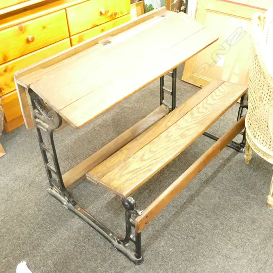 VINTAGE DOUBLE SCHOOL DESK, OAK w CAST IRON BASE