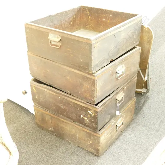 4 OLD MACHINIST STORAGE BOXES. 580 X 680MM + 2 WINE BOXES