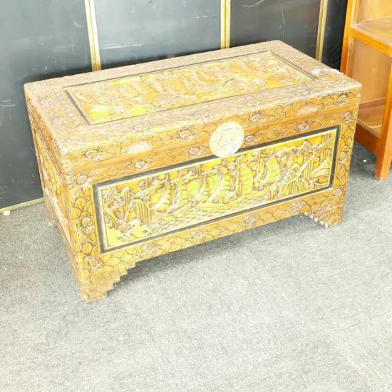 CARVED CHINESE CAMPHOR WOOD CHEST L1000